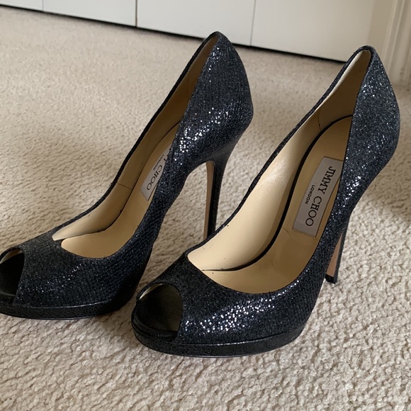 Jimmy Choo Authentic Women’s Black Sparkly “Luna” High Heel Open Toe Pumps - Picture 5 of 10